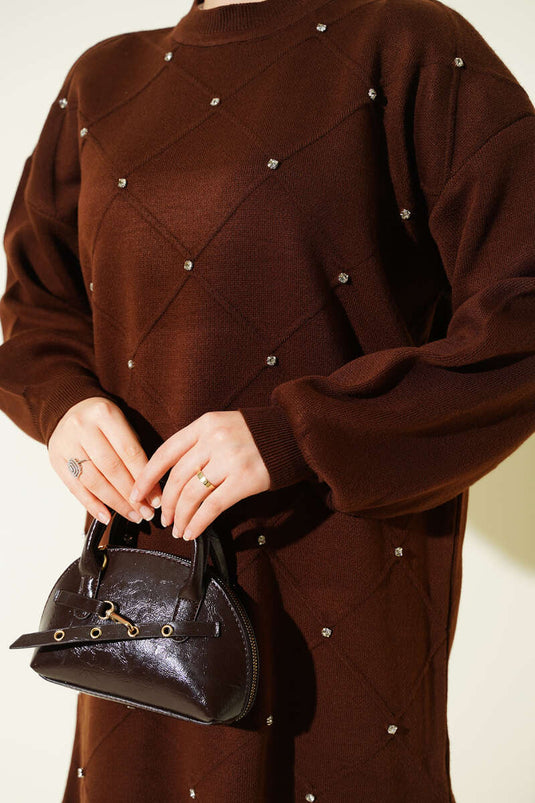 Baklava Embossed Stone Embellished Knit Two-Piece Set, Coffee