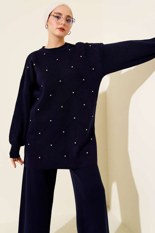 Baklava Kabartma Taşlı Triko İkili Takım Lacivert