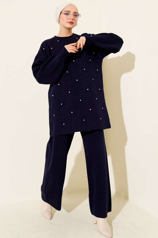 Baklava Kabartma Taşlı Triko İkili Takım Lacivert