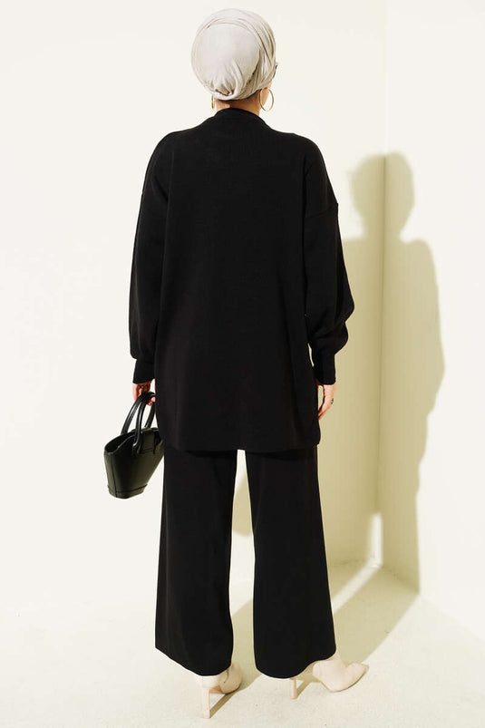 Baklava Embossed Stone Embellished Knit Two-Piece Set, Black