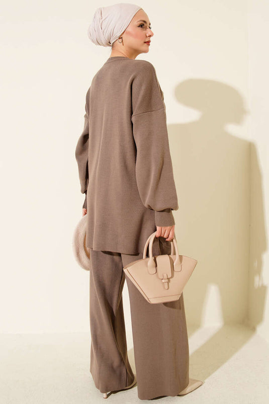 Baklava Embossed Stone Embellished Knit Two-Piece Set, Mink Color