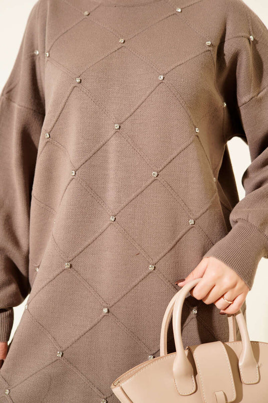 Baklava Embossed Stone Embellished Knit Two-Piece Set, Mink Color