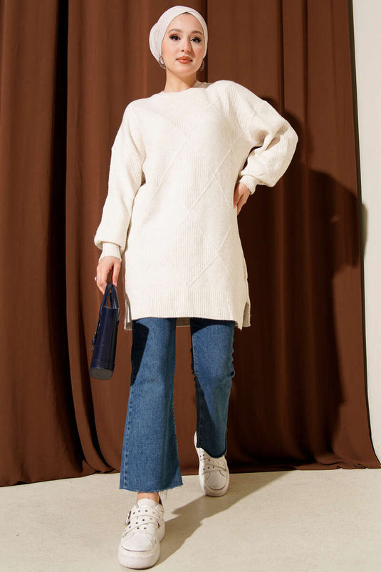 Tunique en maille douce à motif losanges, couleur pierre