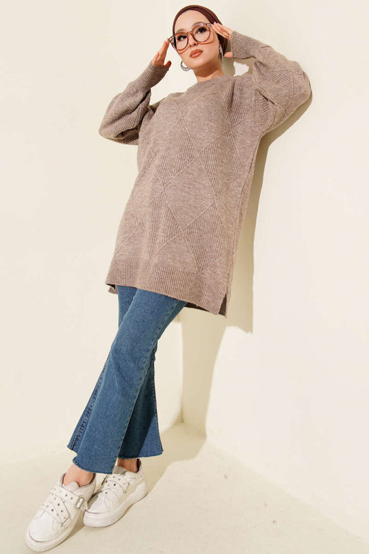 Tunique en maille douce à motif losanges en vison