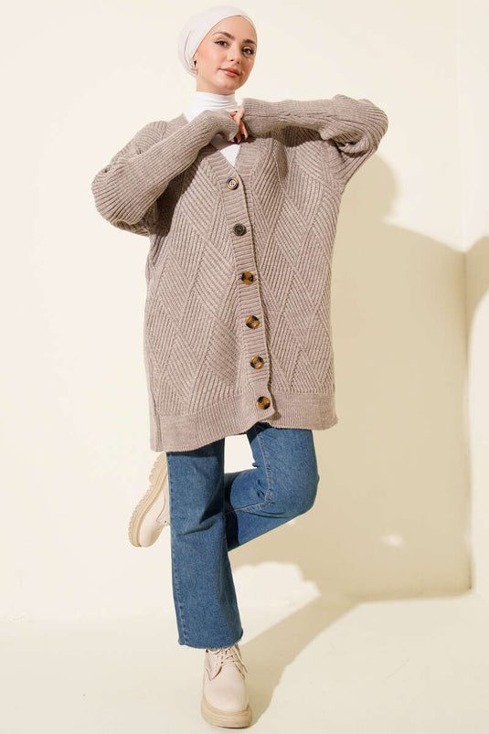 Baklava Kabartmalı Düğmeli Triko Hırka Bej