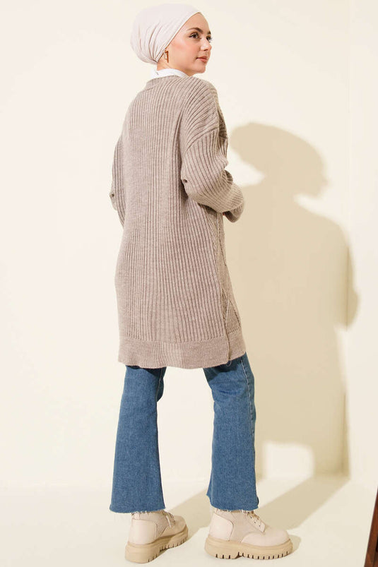 Baklava Kabartmalı Düğmeli Triko Hırka Bej