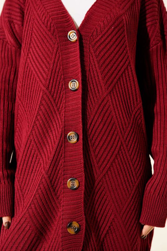Baklava Patterned Buttoned Knit Cardigan, Burgundy