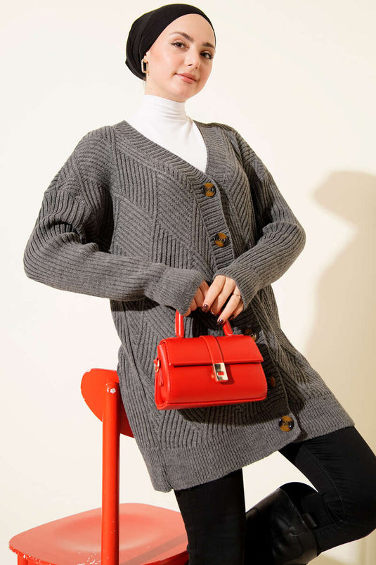 Baklava Patterned Buttoned Knit Cardigan, Smoke Grey