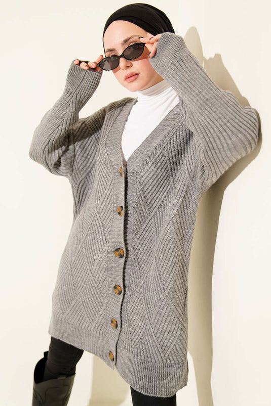 Baklava Patterned Buttoned Knit Cardigan Grey