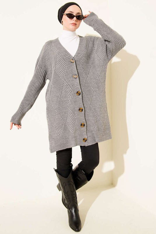 Baklava Patterned Buttoned Knit Cardigan Grey