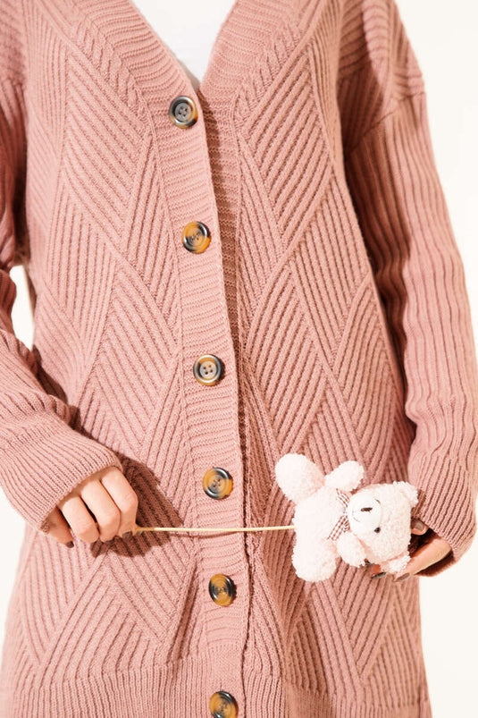 Baklava Patterned Buttoned Knit Cardigan, Rose Pink