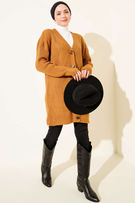 Baklava Kabartmalı Düğmeli Triko Hırka Hardal