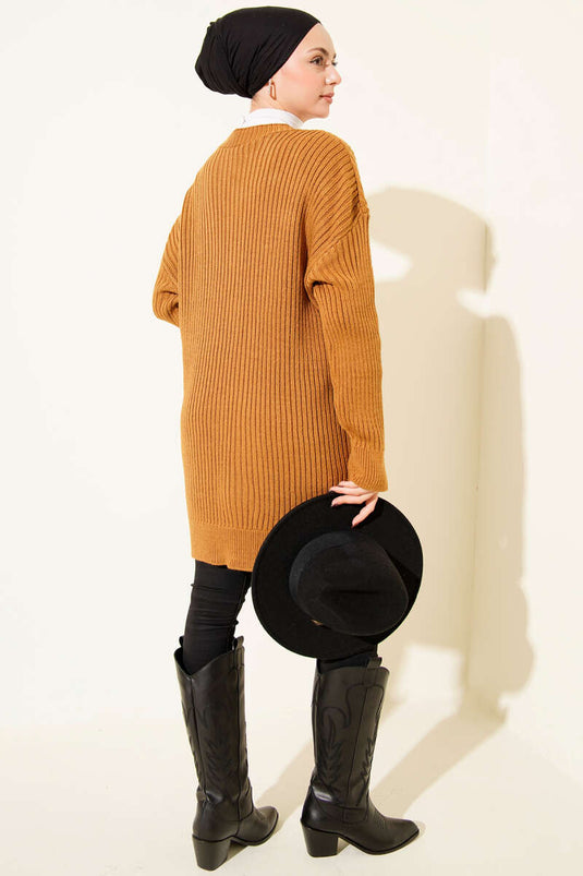 Baklava Kabartmalı Düğmeli Triko Hırka Hardal