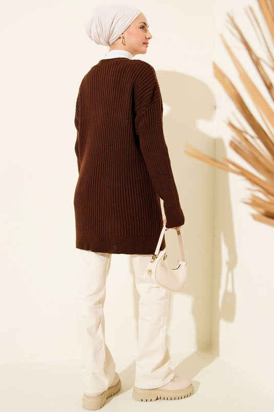 Baklava Kabartmalı Düğmeli Triko Hırka Kahve