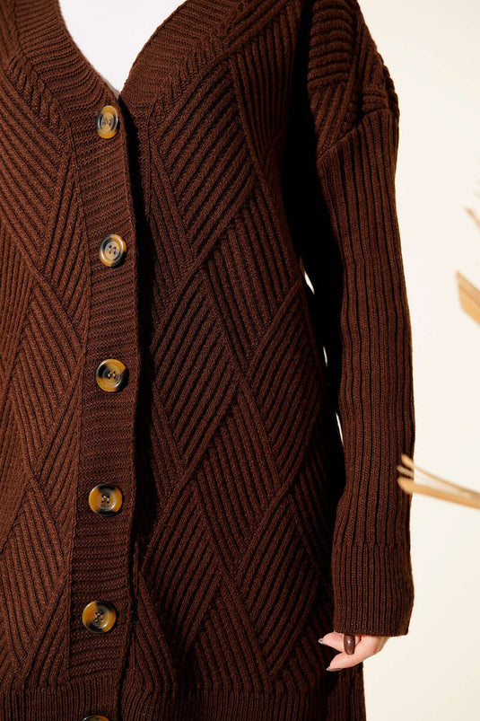 Baklava Kabartmalı Düğmeli Triko Hırka Kahve