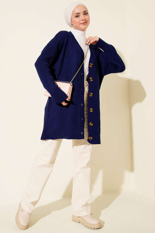 Baklava Kabartmalı Düğmeli Triko Hırka Lacivert