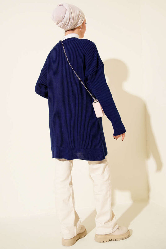 Baklava Kabartmalı Düğmeli Triko Hırka Lacivert