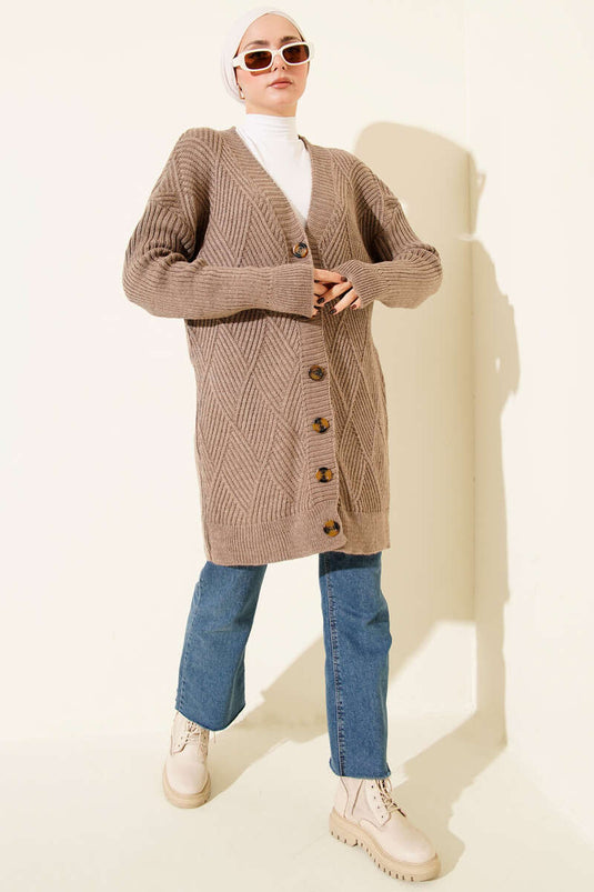 Baklava Kabartmalı Düğmeli Triko Hırka Latte