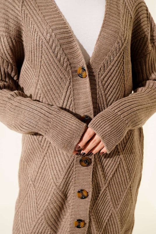 Baklava Kabartmalı Düğmeli Triko Hırka Latte