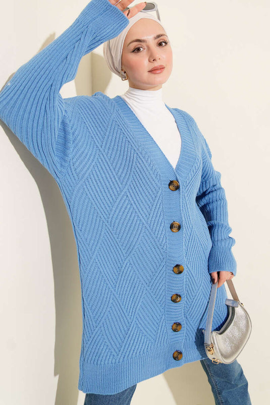 Baklava Kabartmalı Düğmeli Triko Hırka Mavi