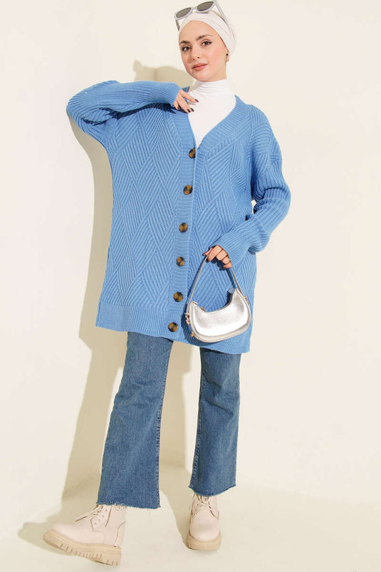 Baklava Kabartmalı Düğmeli Triko Hırka Mavi