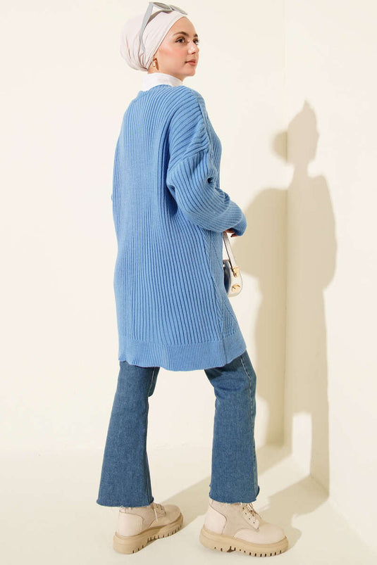 Baklava Kabartmalı Düğmeli Triko Hırka Mavi