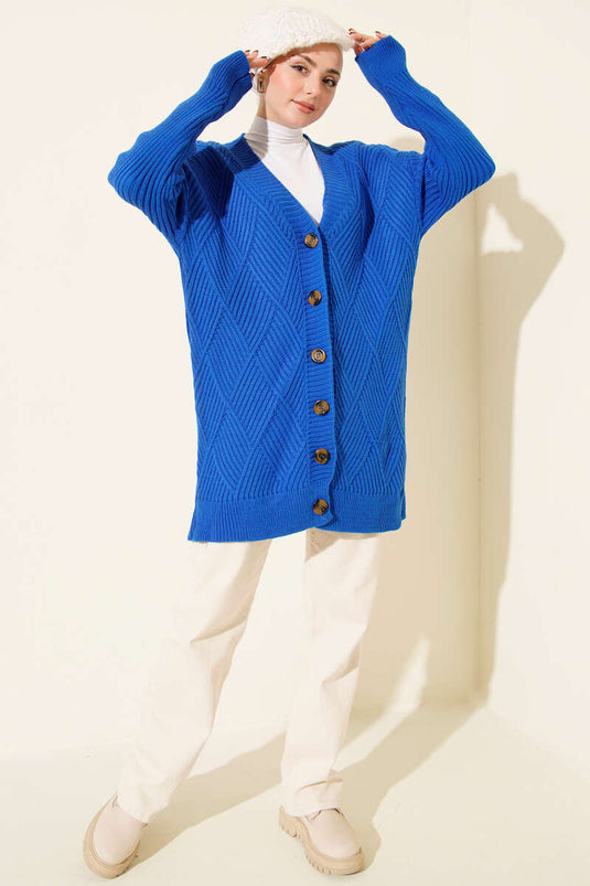 Baklava Kabartmalı Düğmeli Triko Hırka Saks