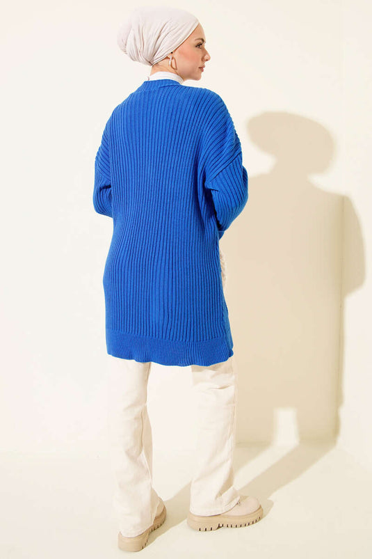 Baklava Kabartmalı Düğmeli Triko Hırka Saks