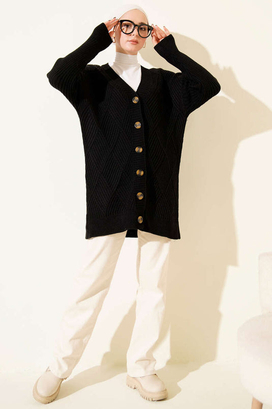 Baklava Kabartmalı Düğmeli Triko Hırka Siyah