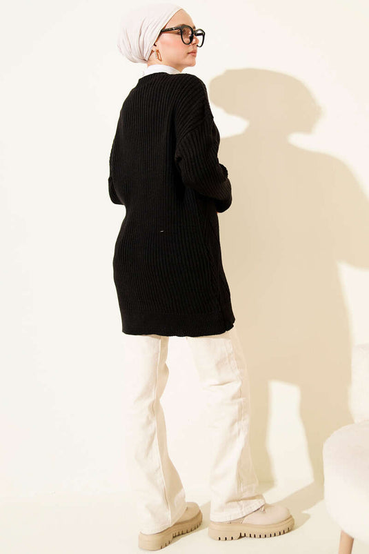 Baklava Kabartmalı Düğmeli Triko Hırka Siyah