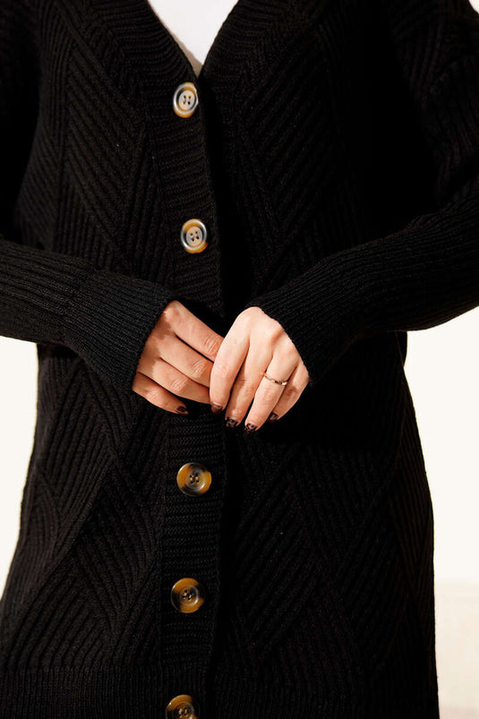 Baklava Kabartmalı Düğmeli Triko Hırka Siyah