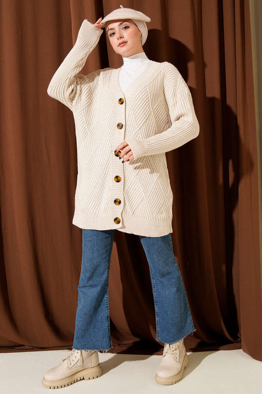 Baklava Kabartmalı Düğmeli Triko Hırka Taş