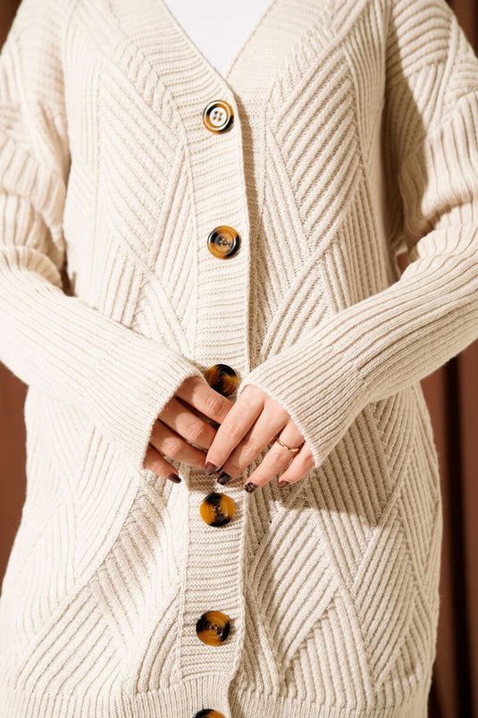 Baklava Kabartmalı Düğmeli Triko Hırka Taş