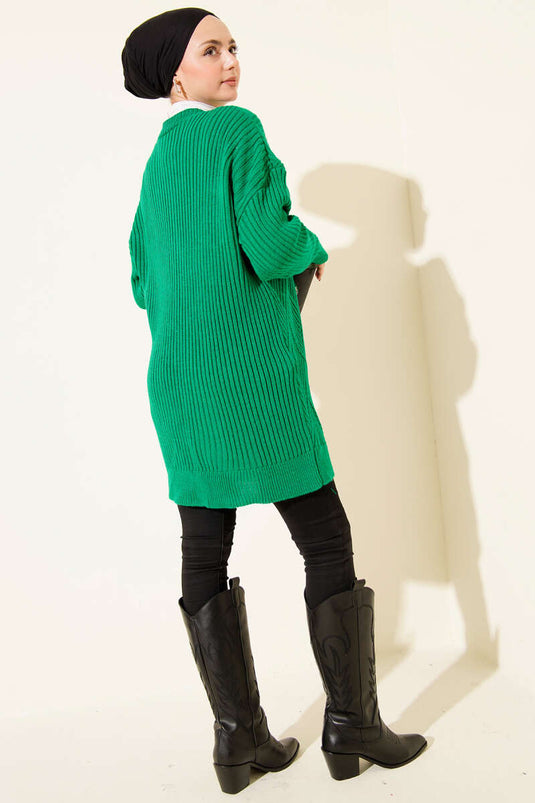 Baklava Kabartmalı Düğmeli Triko Hırka Yeşil