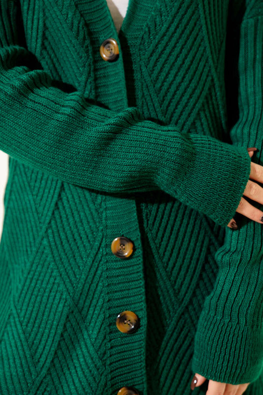 Baklava Kabartmalı Düğmeli Triko Hırka Zümrüt