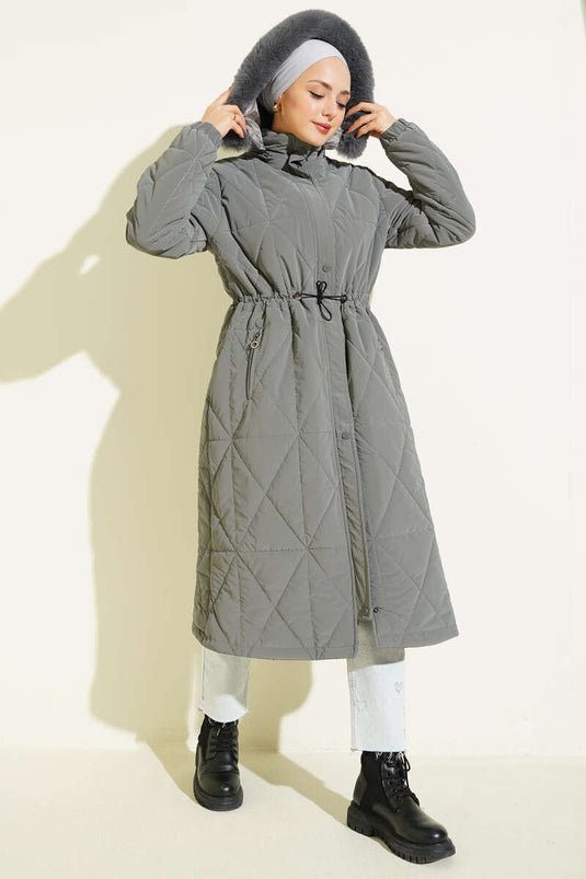 معطف طويل مبطن بنقشة البقلاوة مع نفق للخصر، رمادي