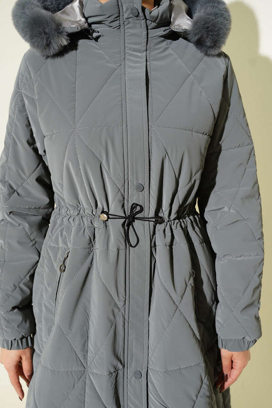 معطف طويل مبطن بنقشة البقلاوة مع نفق للخصر، رمادي