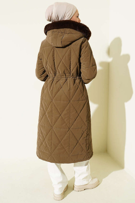 Baklava Quilted Long Coat with Waist Tunnel, Brown