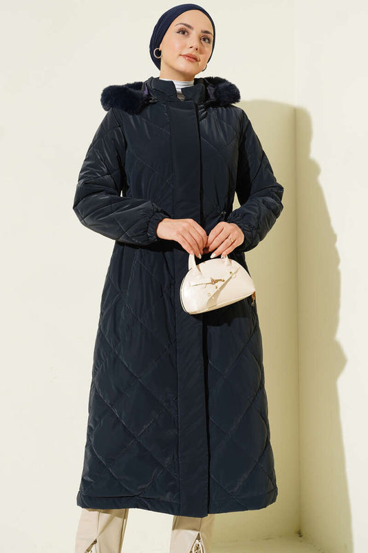 Baklava Steppmantel mit Taillentunnel, lang, marineblau