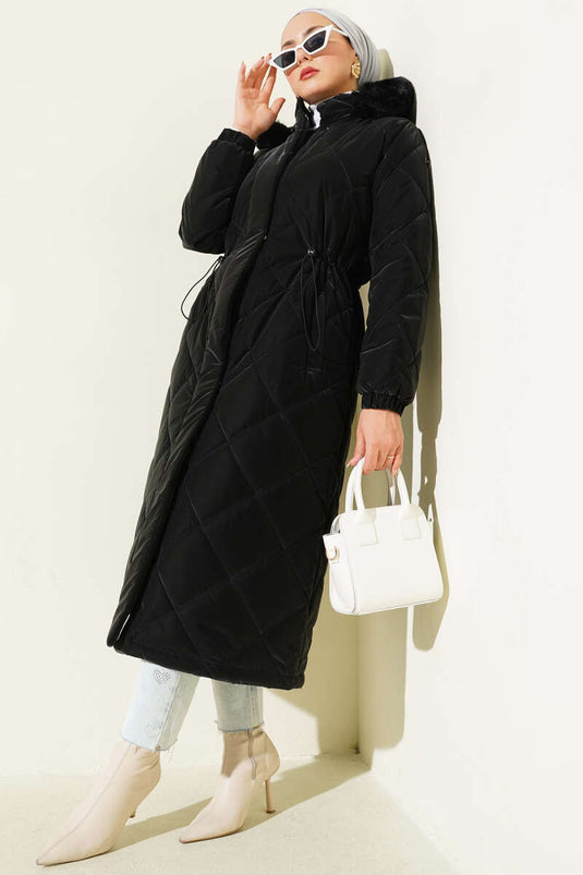 Baklava Quilted Waist Tunnel Long Coat Black
