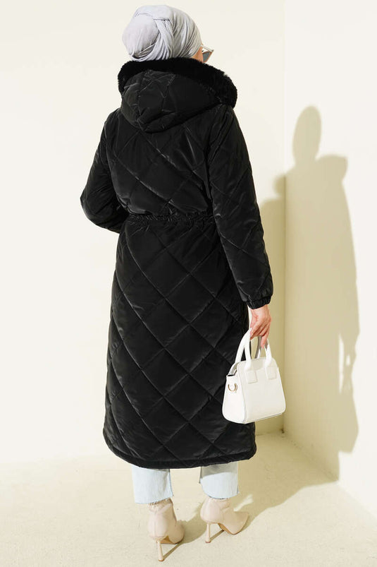 Baklava Quilted Waist Tunnel Long Coat Black