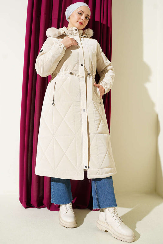 Baklava Quilted Long Coat with Waist Tunnel Stone