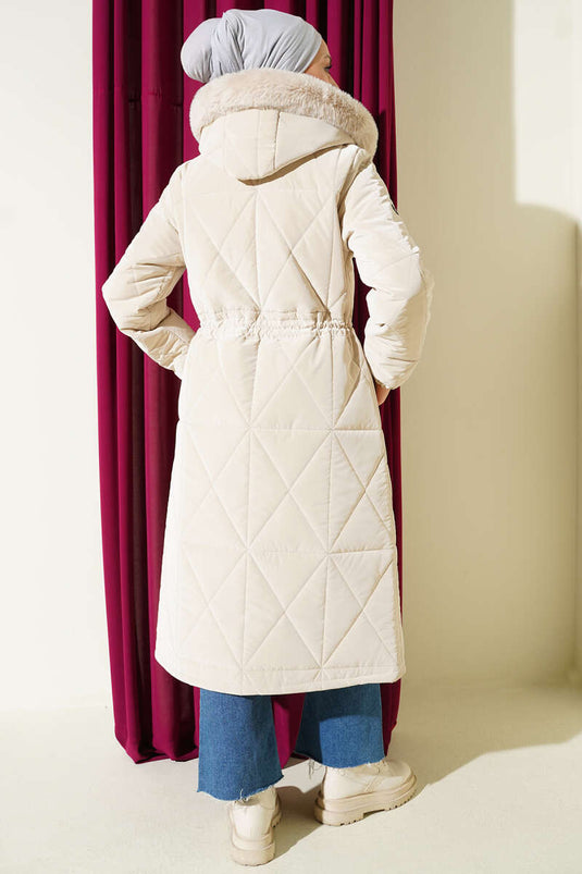 Baklava Quilted Long Coat with Waist Tunnel Stone
