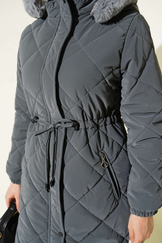 Baklava Kapitone Kapüşonlu Mont Füme