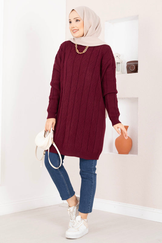 Baklava Örgü Triko Tunik Bordo