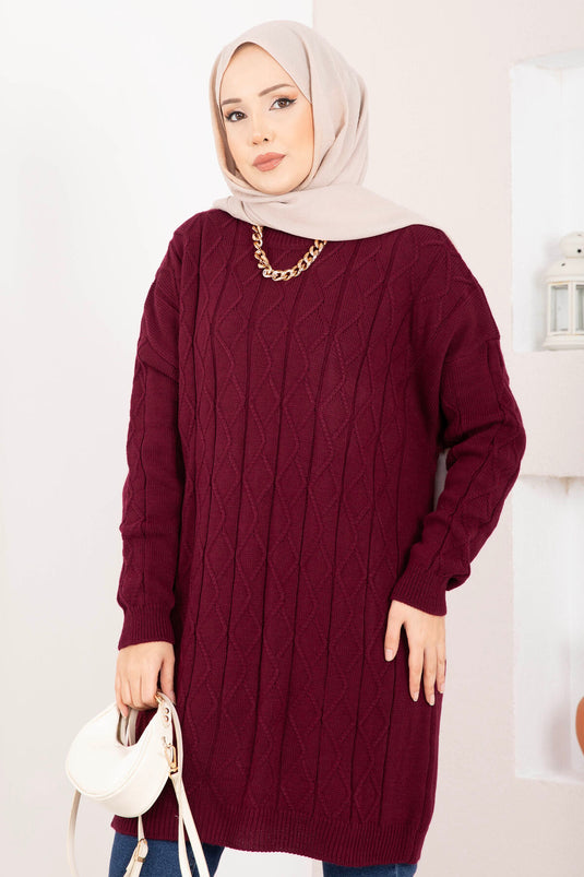 Baklava Örgü Triko Tunik Bordo