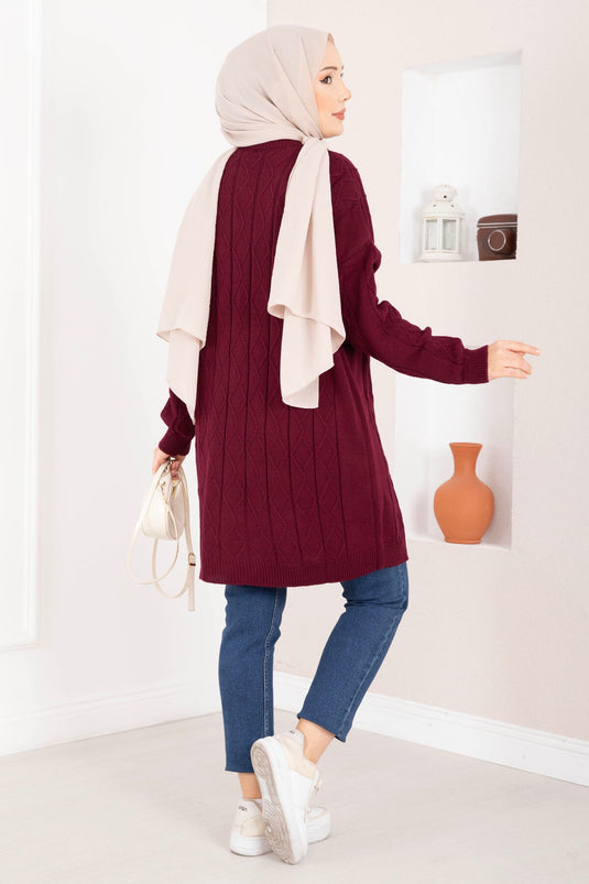 Baklava Örgü Triko Tunik Bordo