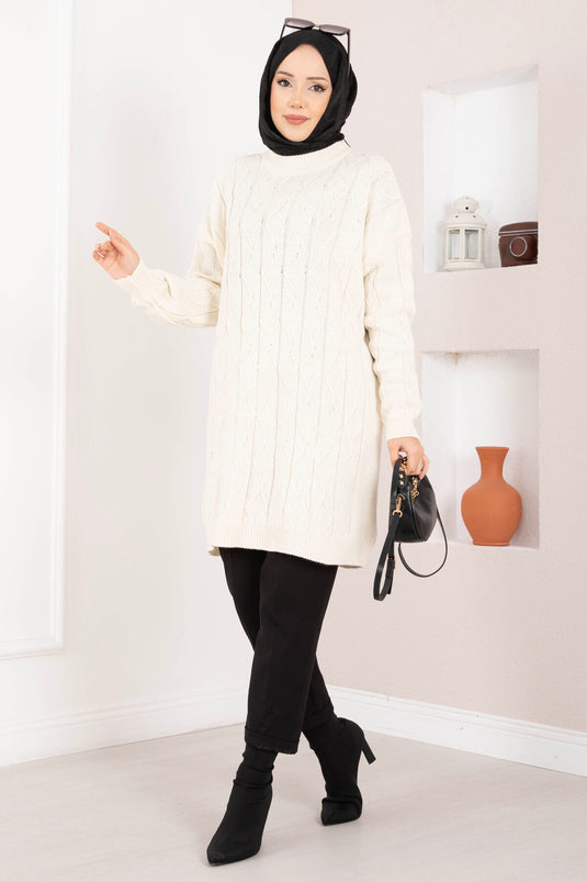 Baklava Örgü Triko Tunik Ekru