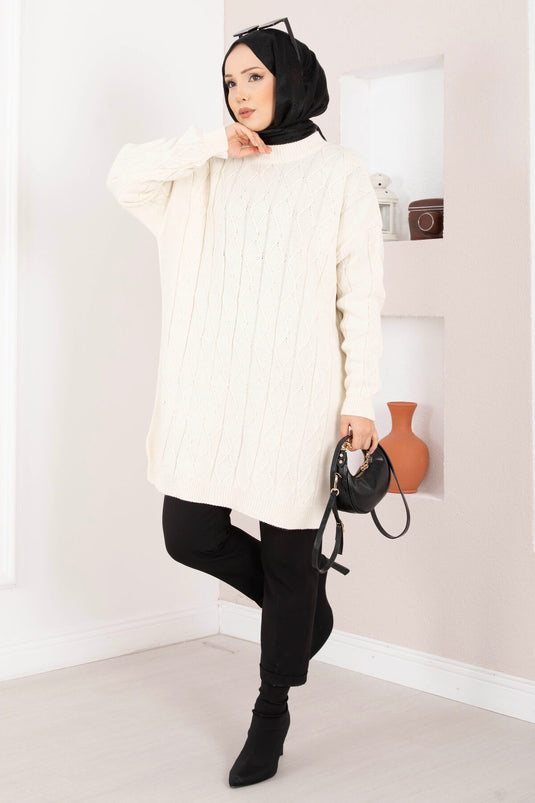 Baklava Örgü Triko Tunik Ekru