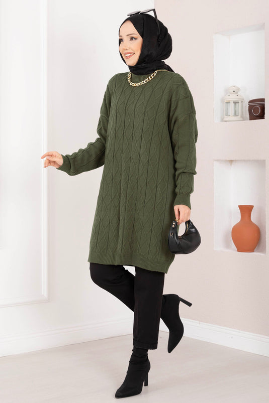Baklava Örgü Triko Tunik Haki